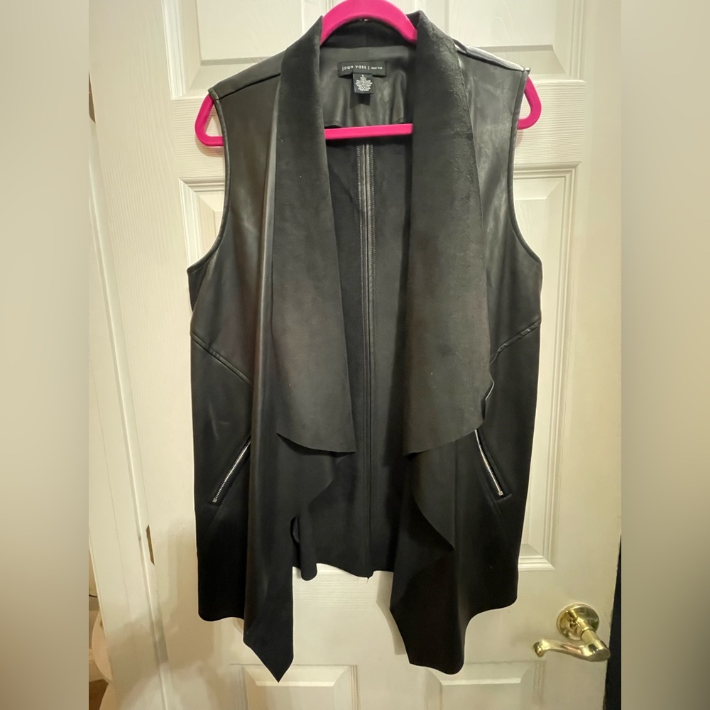 Joan Vass New York faux leather waterfall open-front vest in black